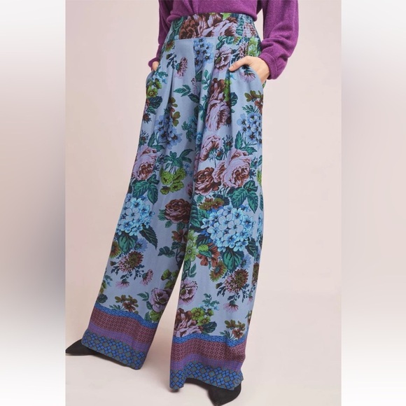 Anthropologie Maeve Pants Terrace Floral Palazzo Pants 10 purple blue flowy wide - Picture 3 of 15